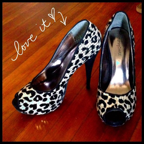 Charming Charlie Shoes - Charming Charlie Black gold animal print leopard cheetah sequin peep toe heels